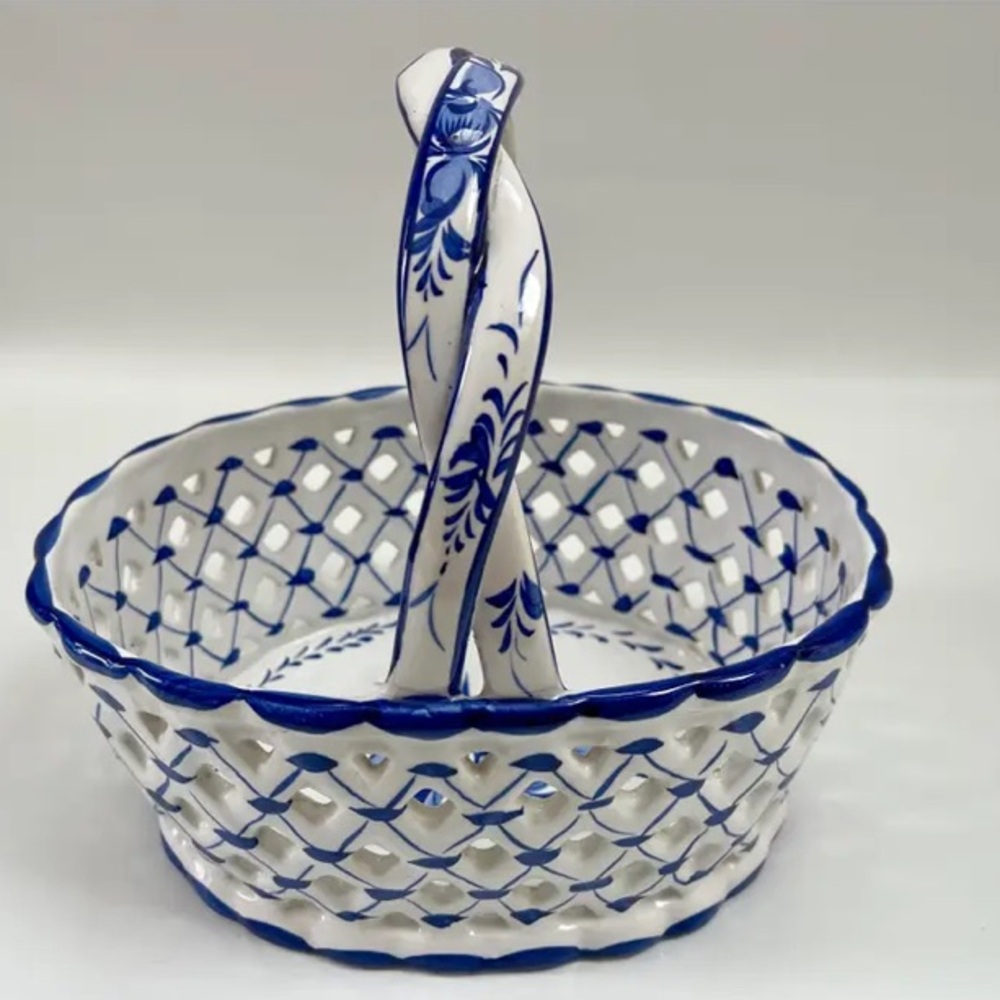 Intricate Blue and White Ceramic Basket
